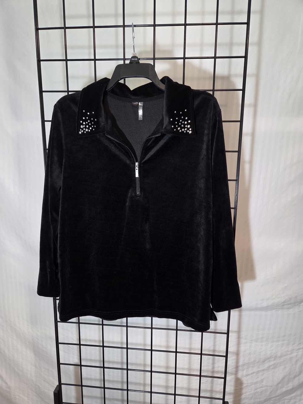 Black Velvet Half-Zip Sweatshirt with Studded Collar